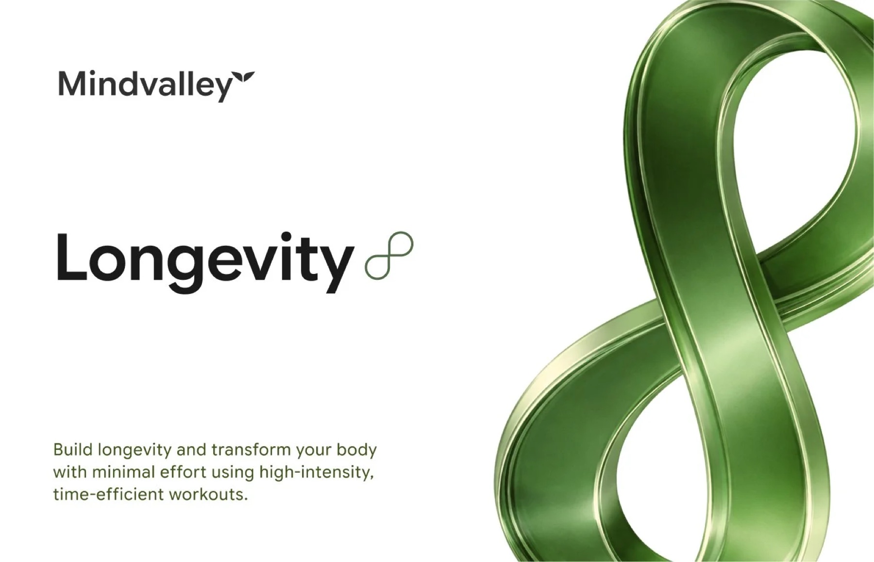 Mindvalley Longevity pillar: wordmark beside a green dimensional ribbon